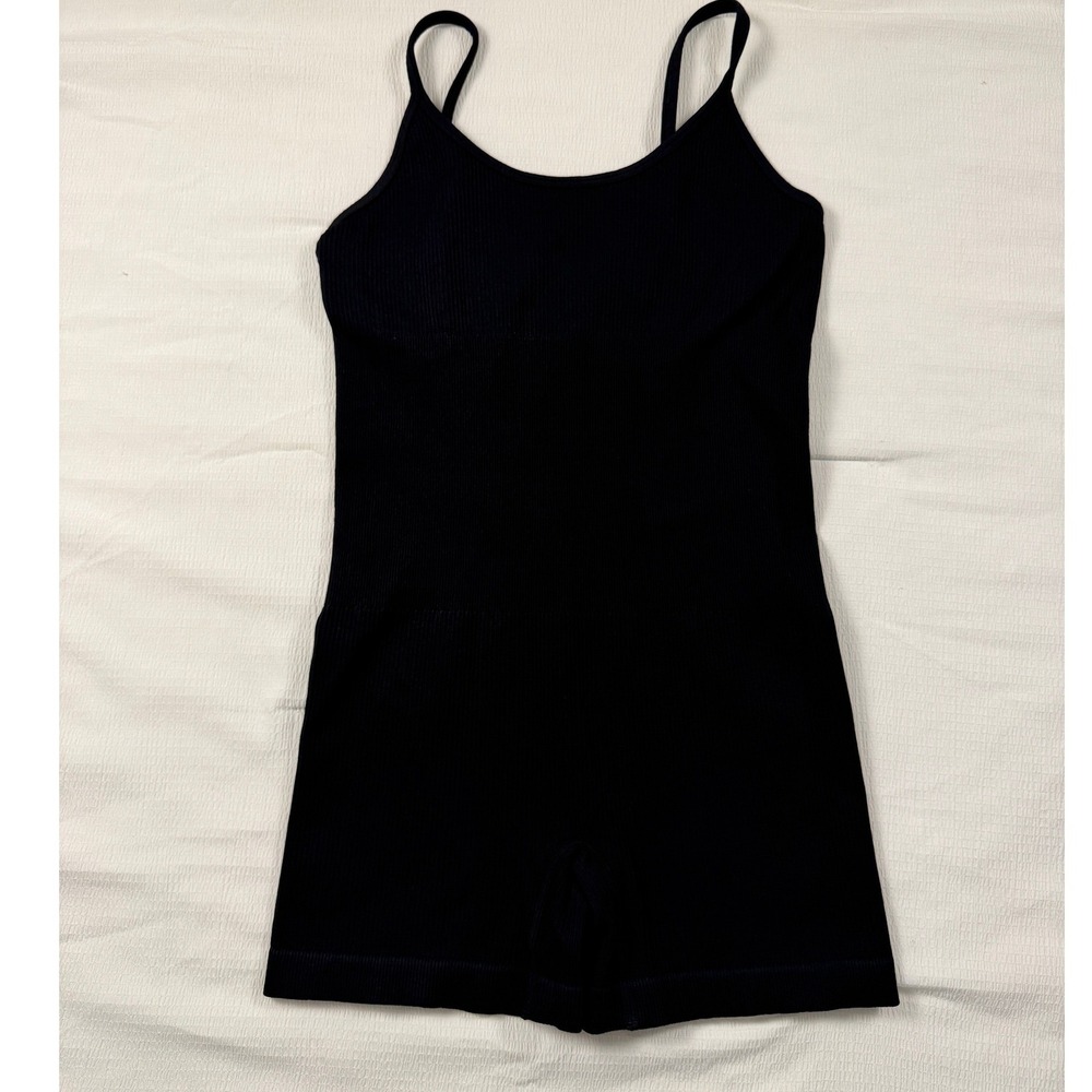 Black Ribbed Romper One Piece Workout Bodysuit Womens M Athletic Gym Unitard